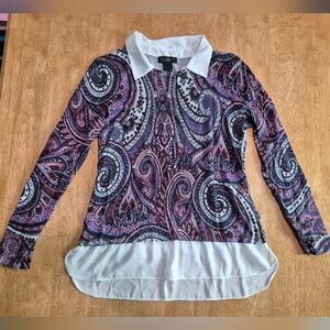EUC Investments Petites Paisley Long Sleeve Top Blouse Purple and White